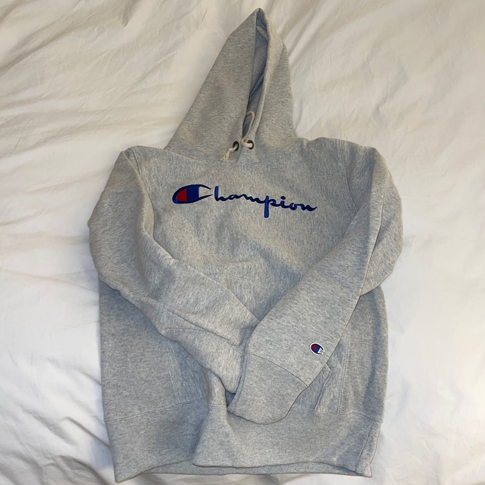 Champion Gray hoodie with blue writing